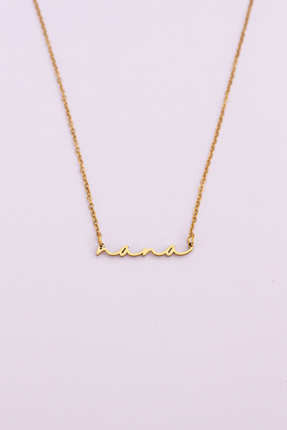 Rose & Clay "Nana" cursive script name necklace, gold or silver stainless steel