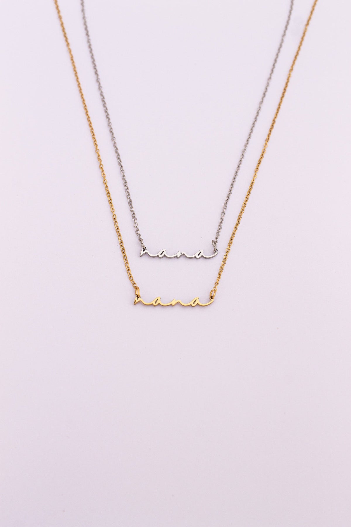 Rose & Clay "Nana" cursive script name necklace, gold or silver stainless steel