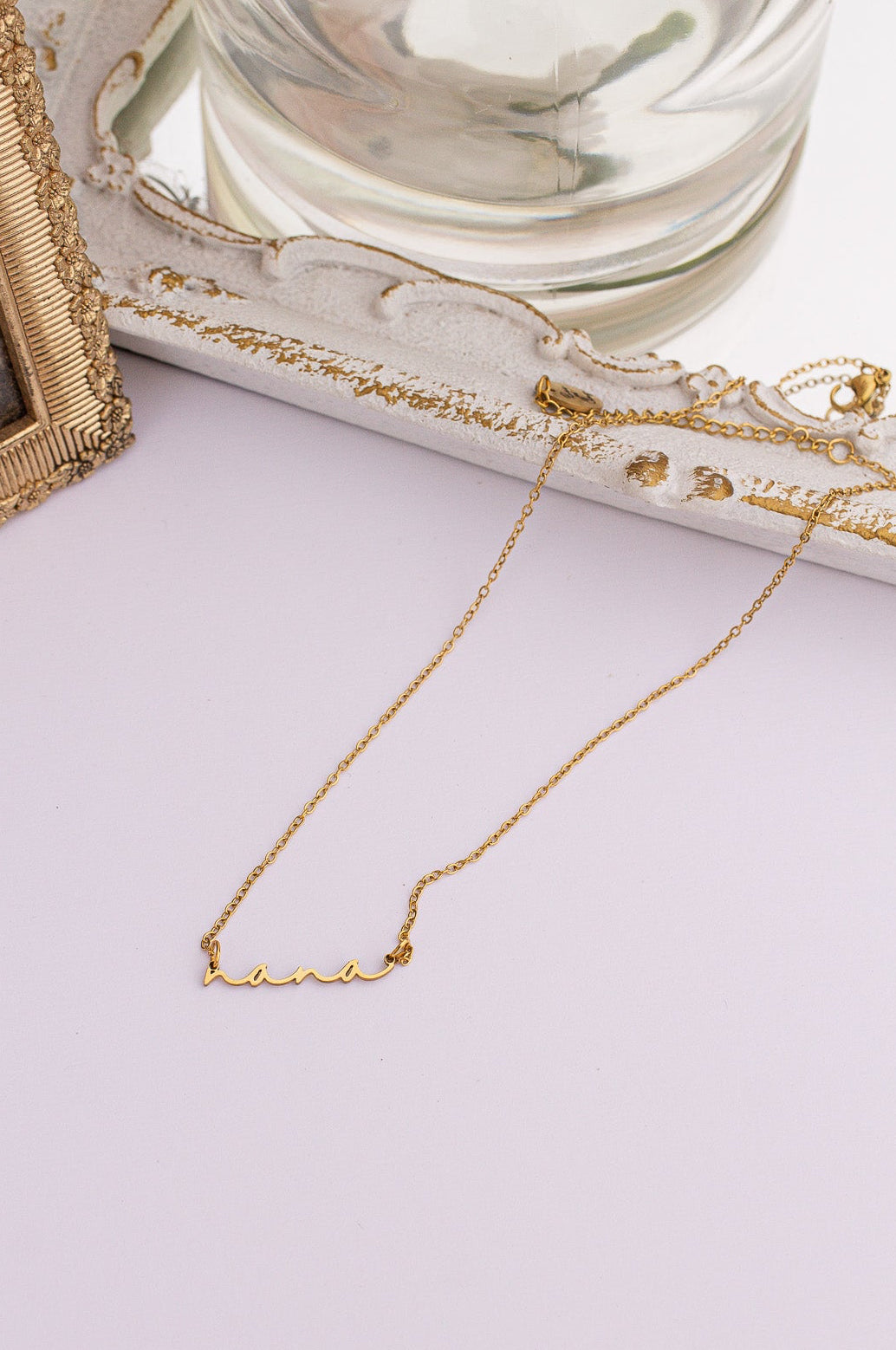 Rose & Clay "Nana" cursive script name necklace, gold or silver stainless steel