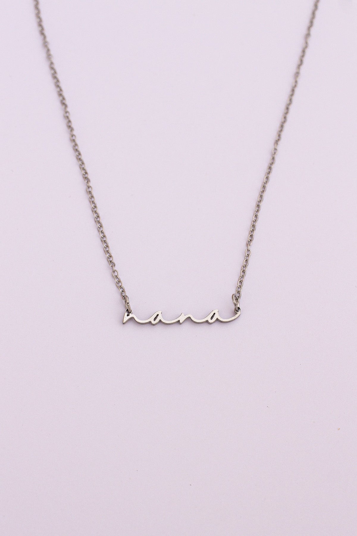 Rose & Clay "Nana" cursive script name necklace, gold or silver stainless steel