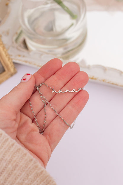 Rose & Clay "Nana" cursive script name necklace, gold or silver stainless steel