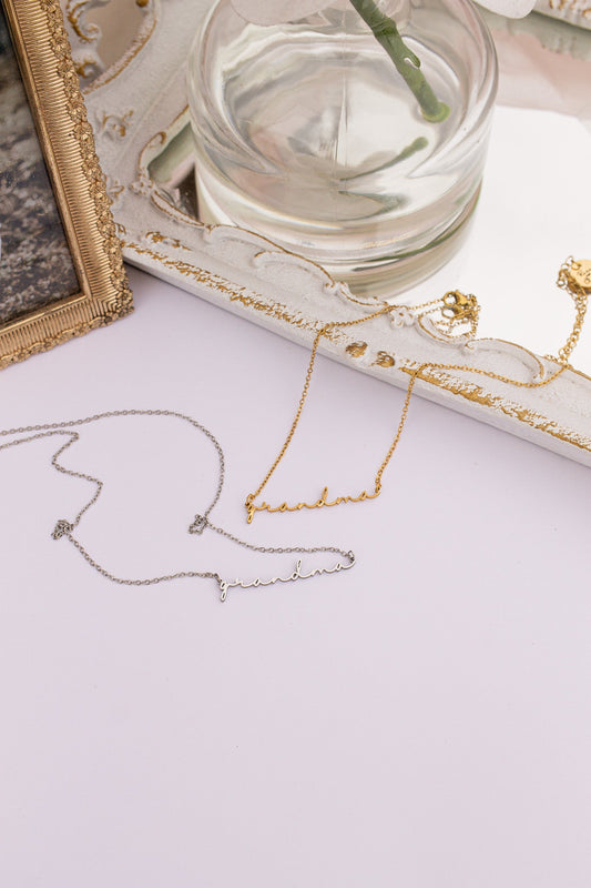 Rose & Clay "Grandma" cursive script name necklace, gold or silver stainless steel