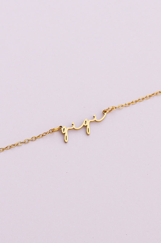 Rose & Clay "Gigi" cursive script name necklace, gold or silver stainless steel