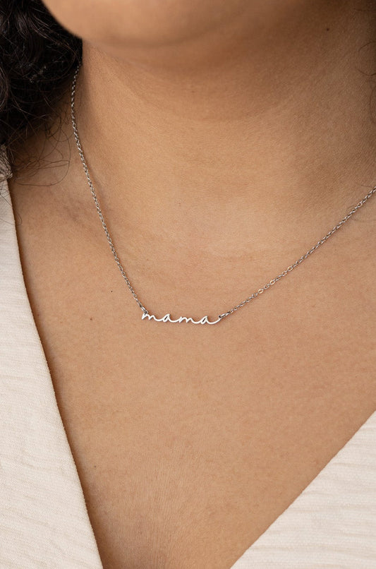 Rose & Clay "Mama" cursive script name necklace, gold or silver stainless steel