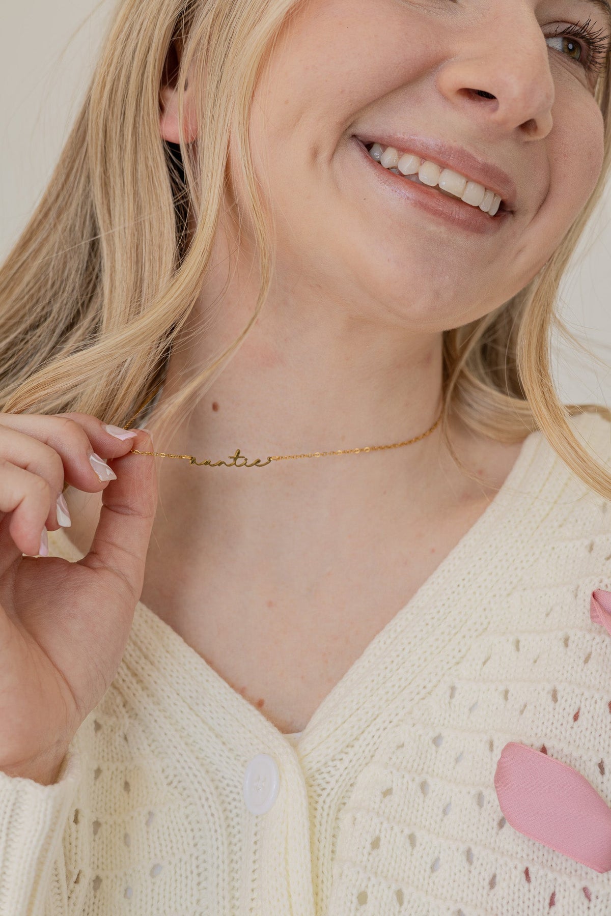 Rose & Clay "Auntie" cursive script name necklace on adjustable chain, gold or silver