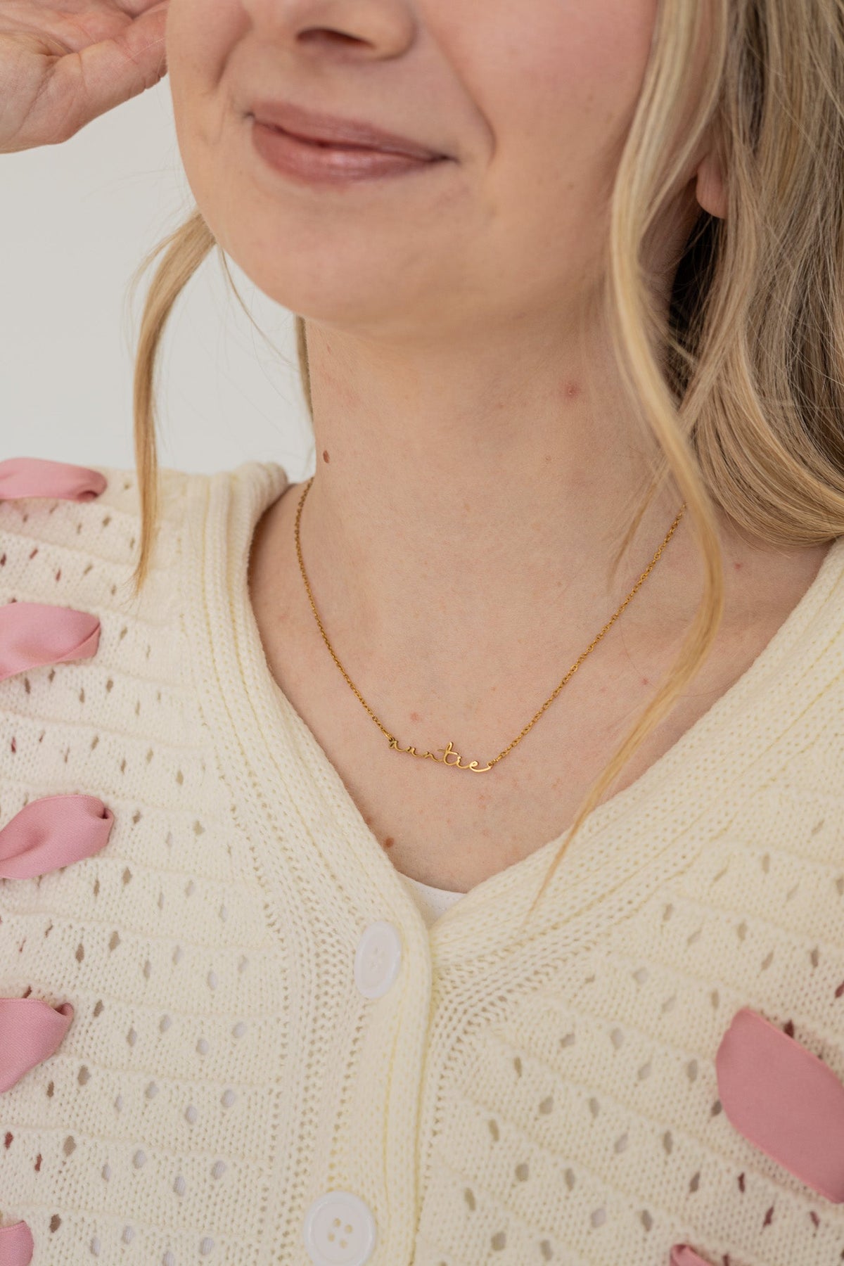 Rose & Clay "Auntie" cursive script name necklace on adjustable chain, gold or silver