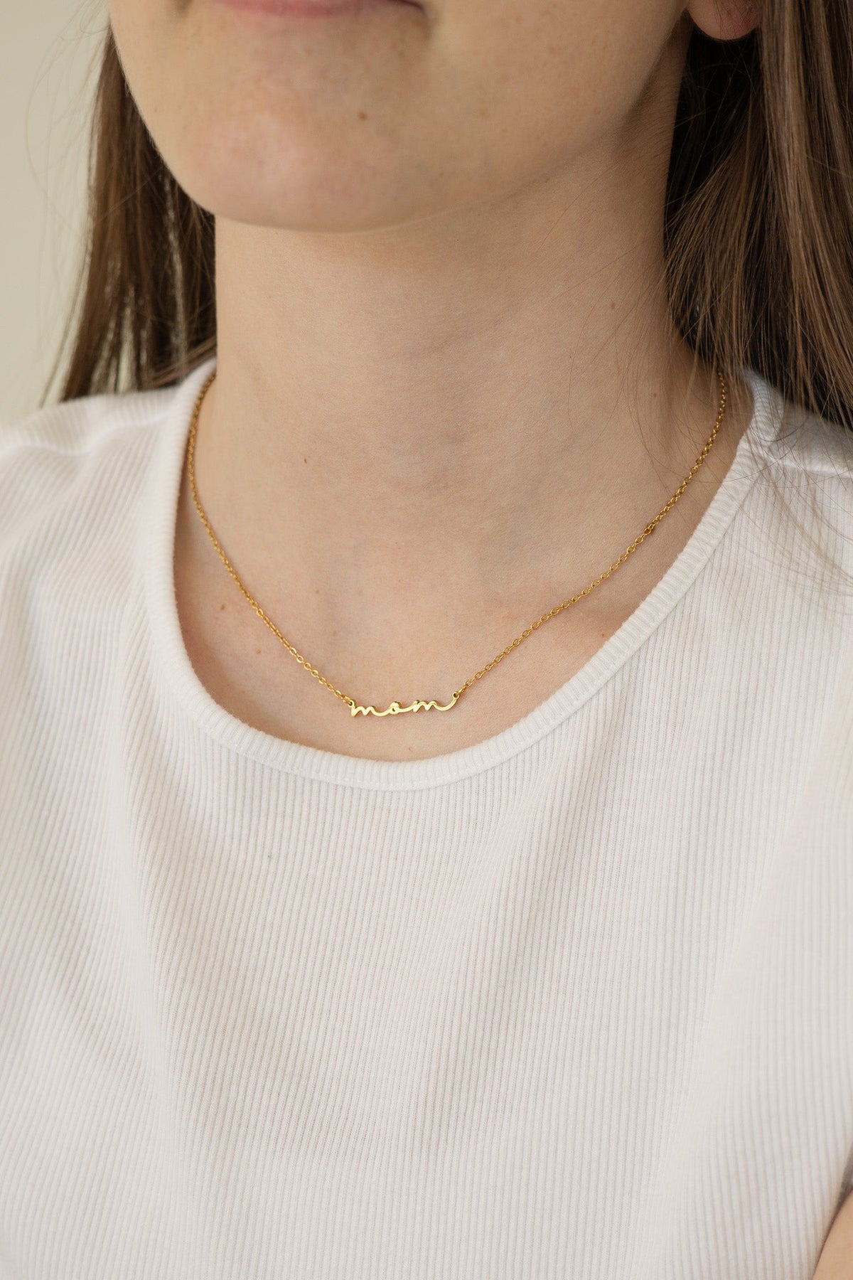 Rose & Clay "Mom" cursive script name necklace, gold or silver stainless steel