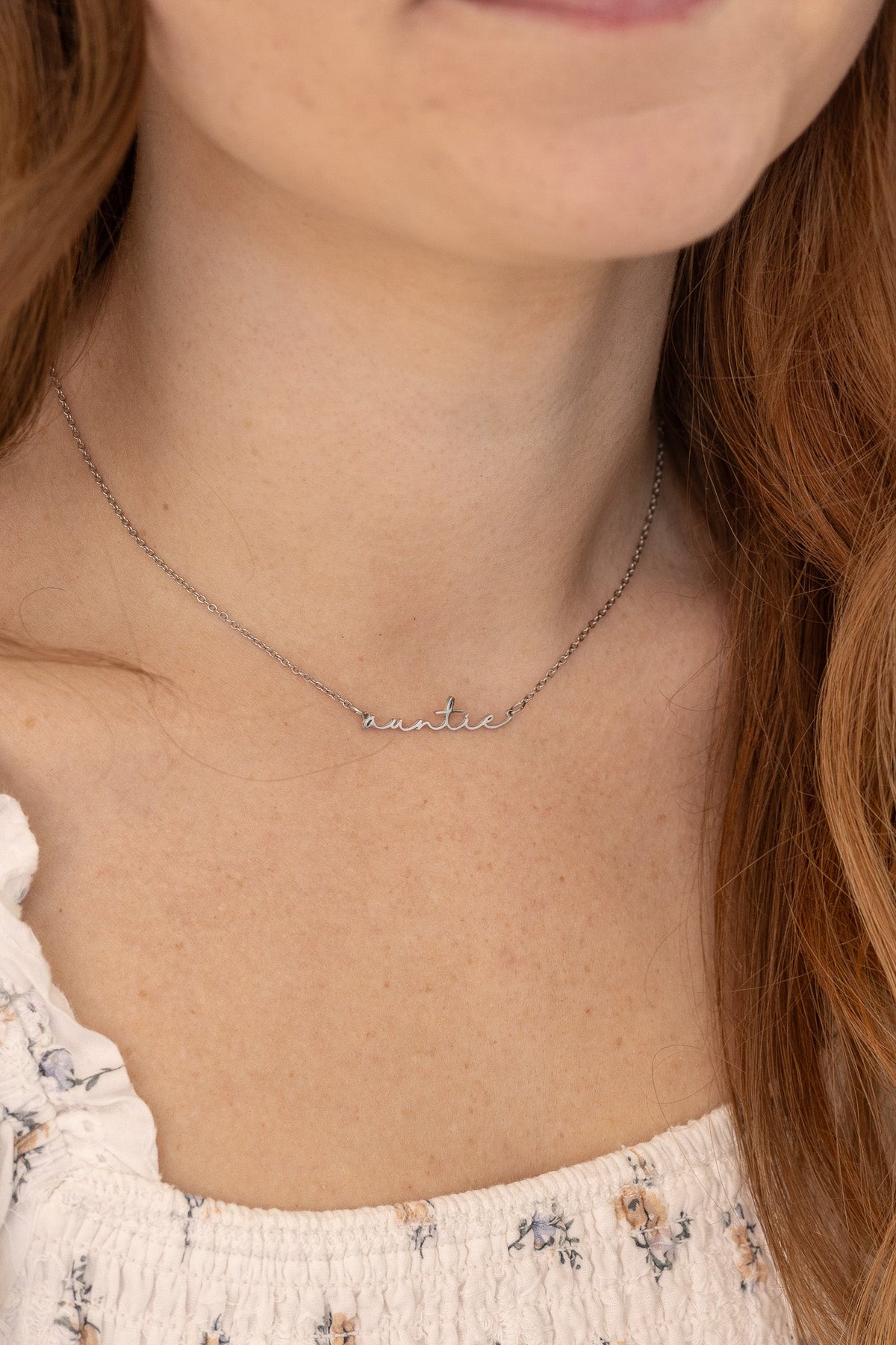 Rose & Clay "Auntie" cursive script name necklace on adjustable chain, gold or silver