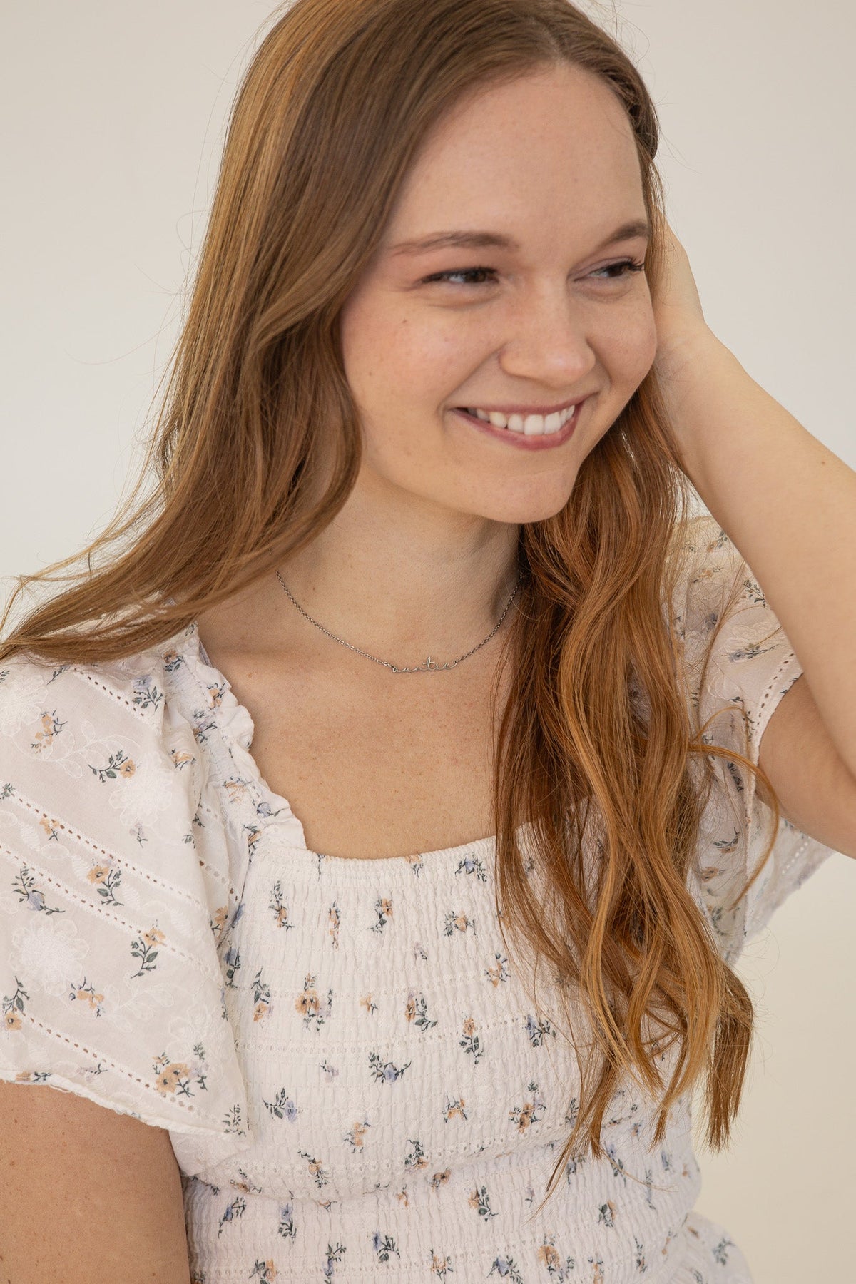 Rose & Clay "Auntie" cursive script name necklace on adjustable chain, gold or silver