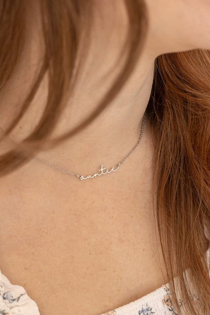Rose & Clay "Auntie" cursive script name necklace on adjustable chain, gold or silver