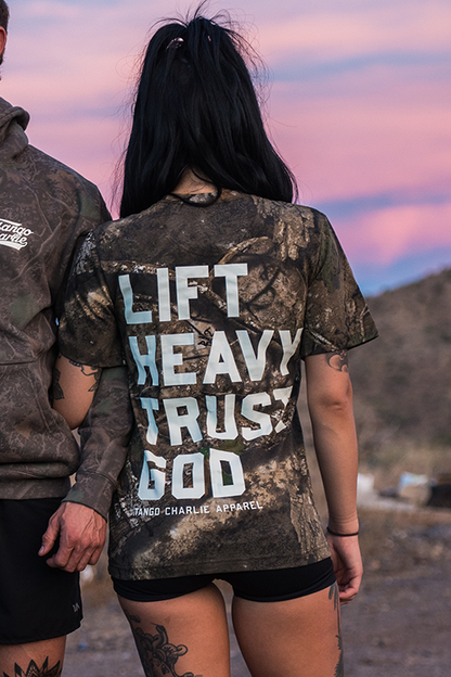 Lift Heavy. Trust God. - Realtree Premium Camo Tee by Tango Charlie Apparel