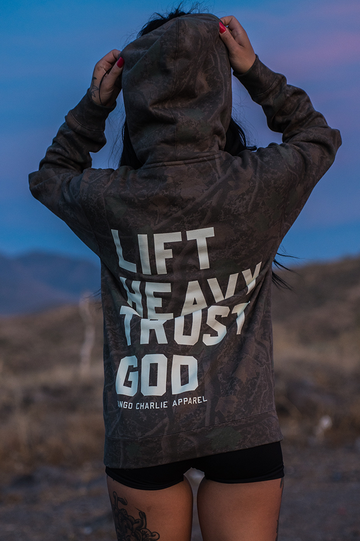 Lift Heavy. Trust God. - Premium Darkwood Camo Hoodie by Tango Charlie Apparel
