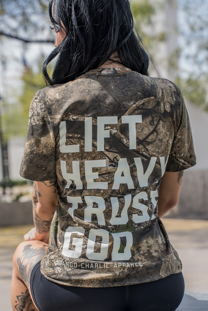 Lift Heavy. Trust God. - Realtree Premium Camo Tee by Tango Charlie Apparel
