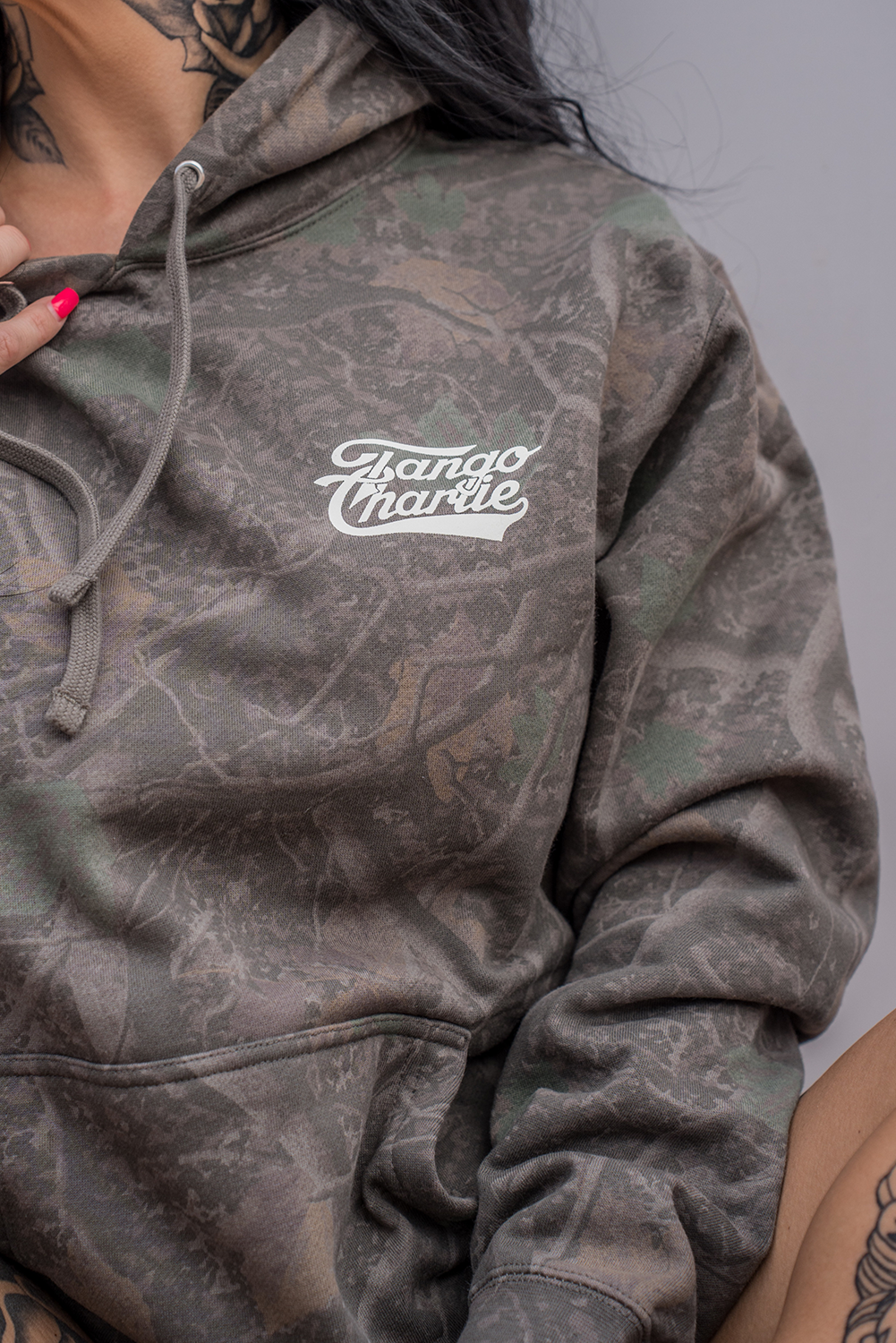 Lift Heavy. Trust God. - Premium Darkwood Camo Hoodie by Tango Charlie Apparel