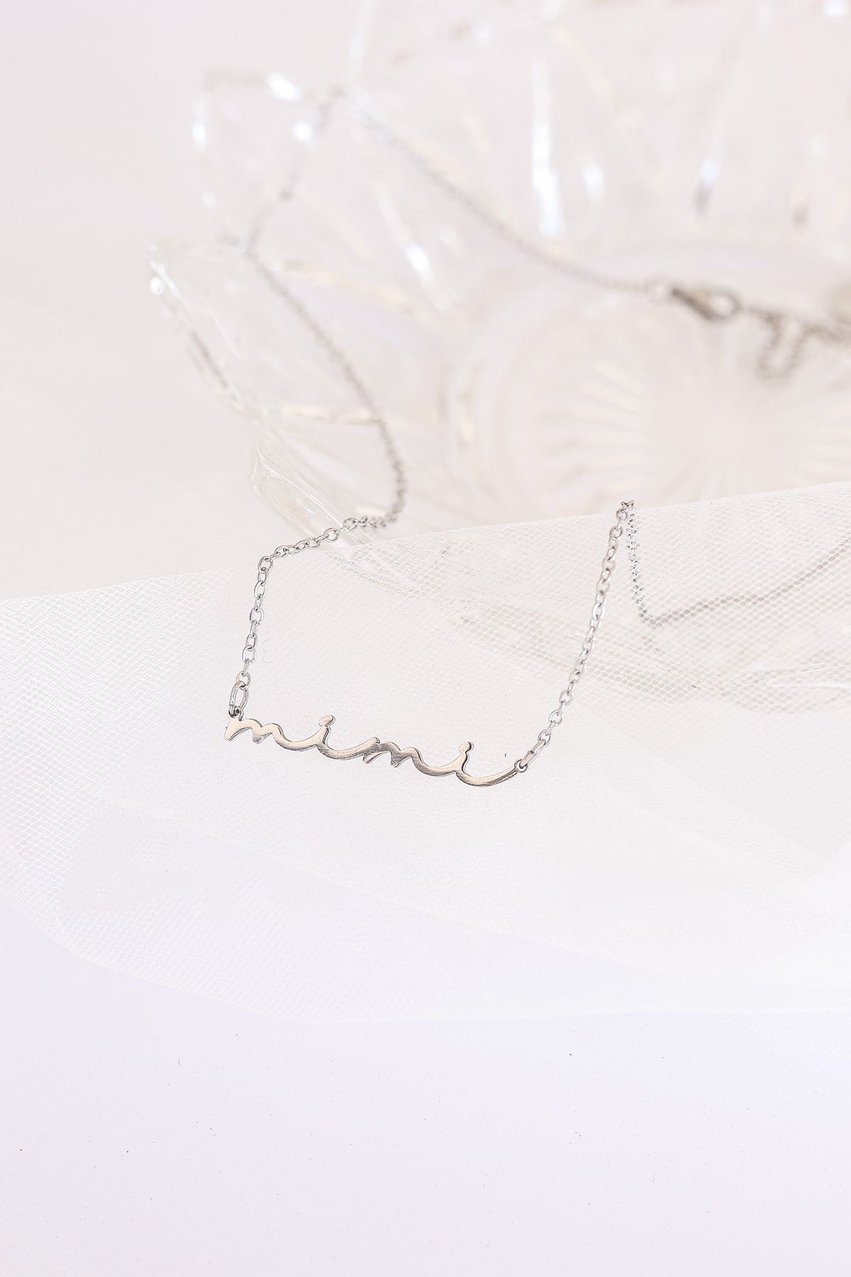 Rose & Clay "Mimi" cursive script name necklace, gold or silver stainless steel