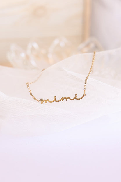 Rose & Clay "Mimi" cursive script name necklace, gold or silver stainless steel
