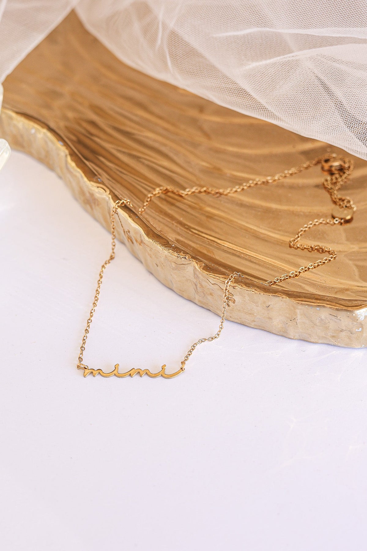 Rose & Clay "Mimi" cursive script name necklace, gold or silver stainless steel