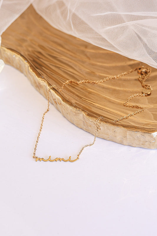 Rose & Clay "Mimi" cursive script name necklace, gold or silver stainless steel