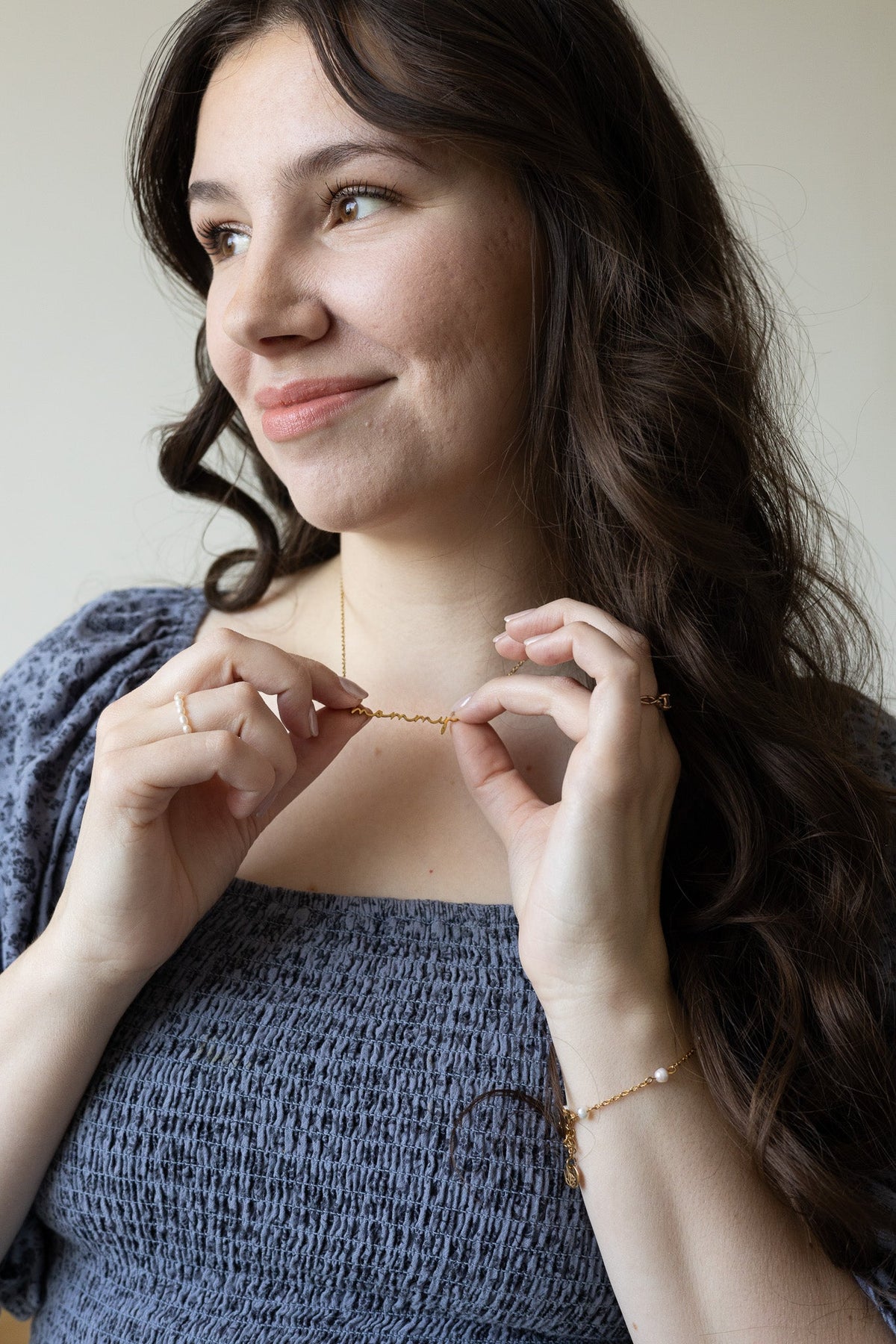 Rose & Clay "Mommy" cursive script name necklace, gold or silver stainless steel