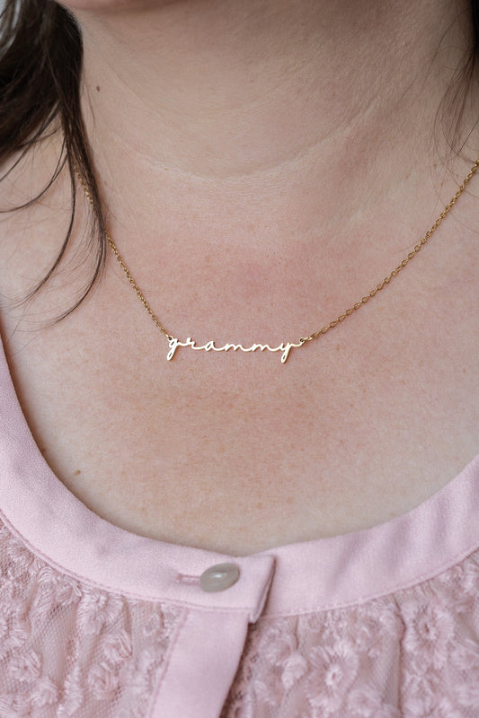 Rose & Clay "Grammy" cursive script name necklace, gold or silver stainless steel