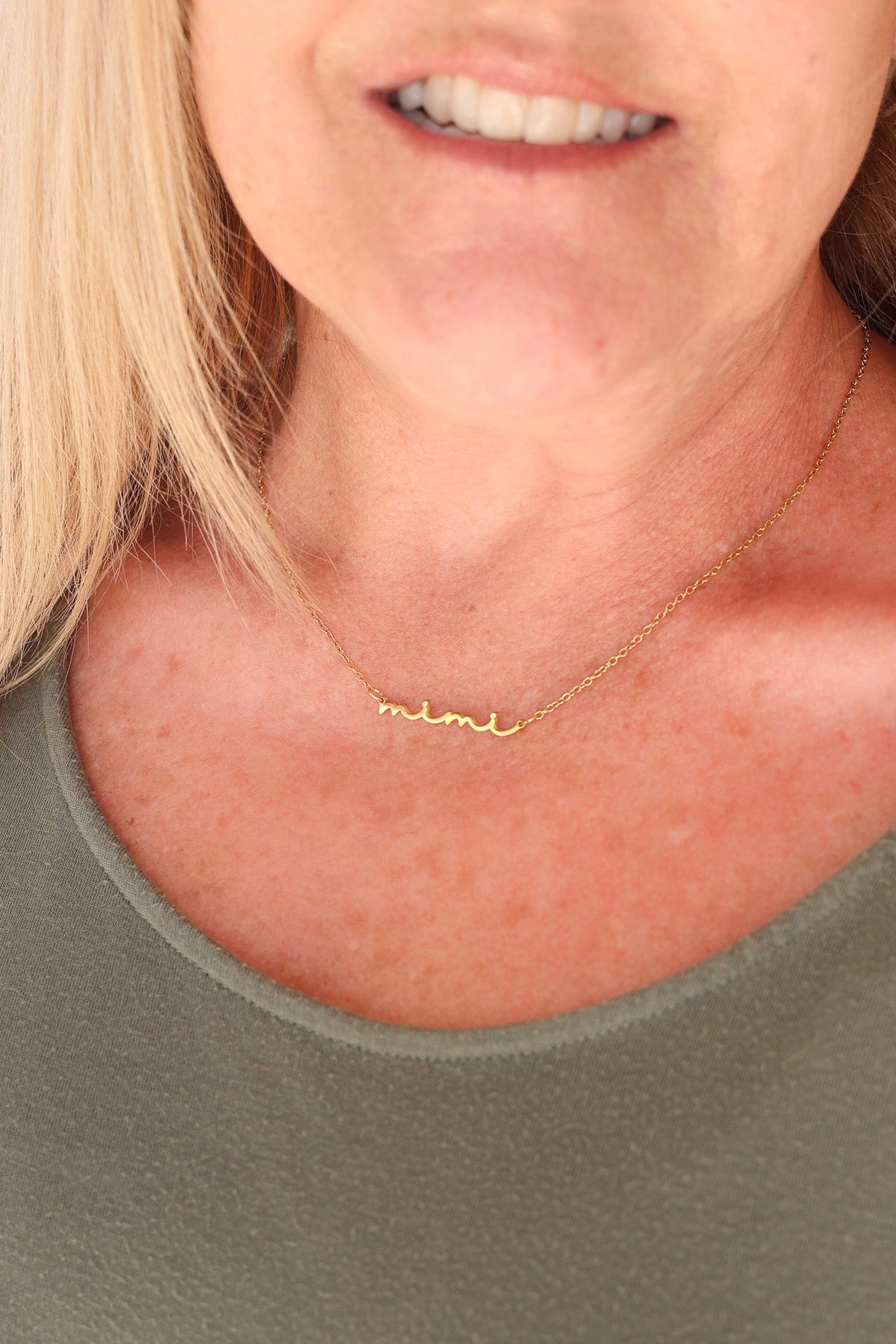 Rose & Clay "Mimi" cursive script name necklace, gold or silver stainless steel