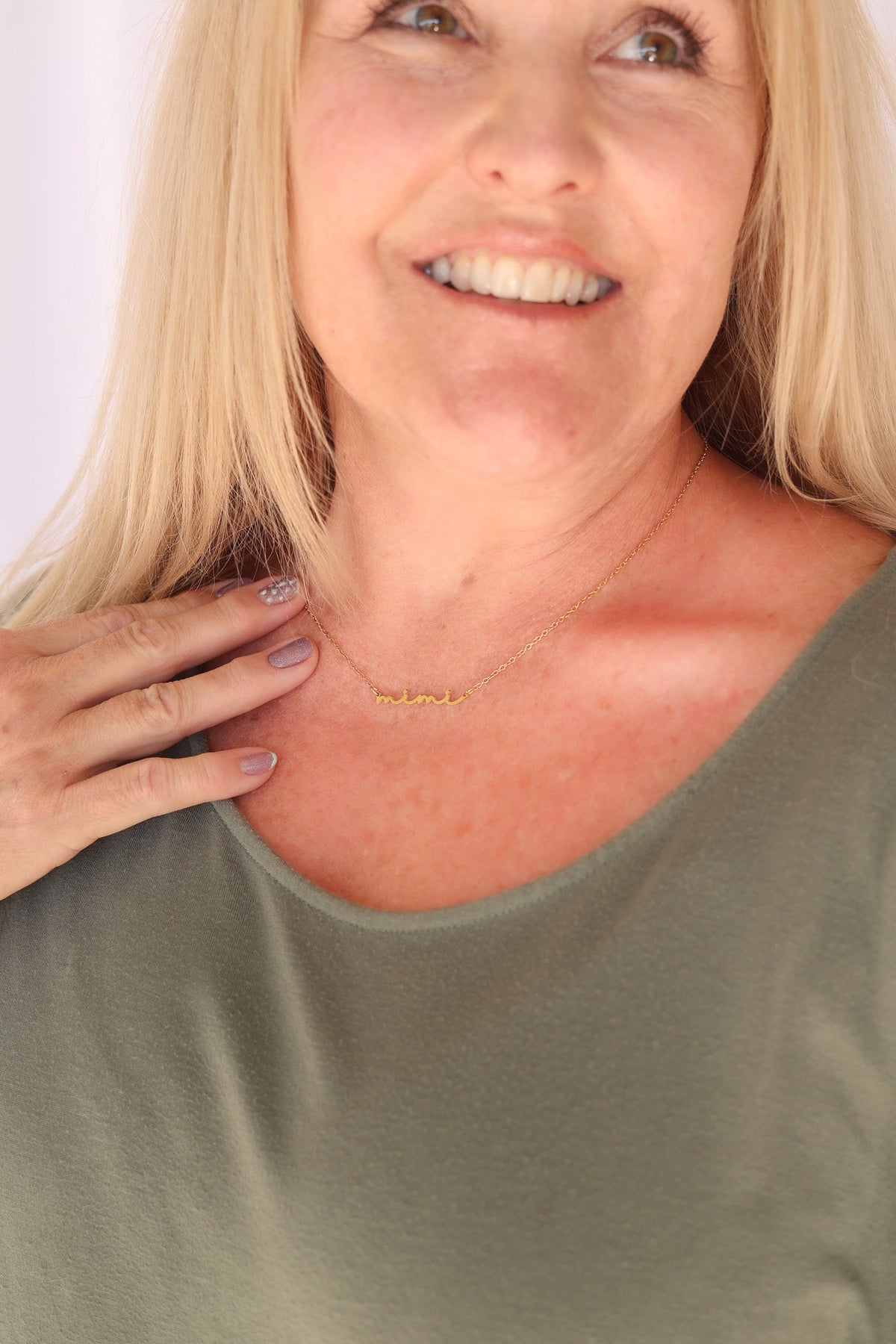 Rose & Clay "Mimi" cursive script name necklace, gold or silver stainless steel
