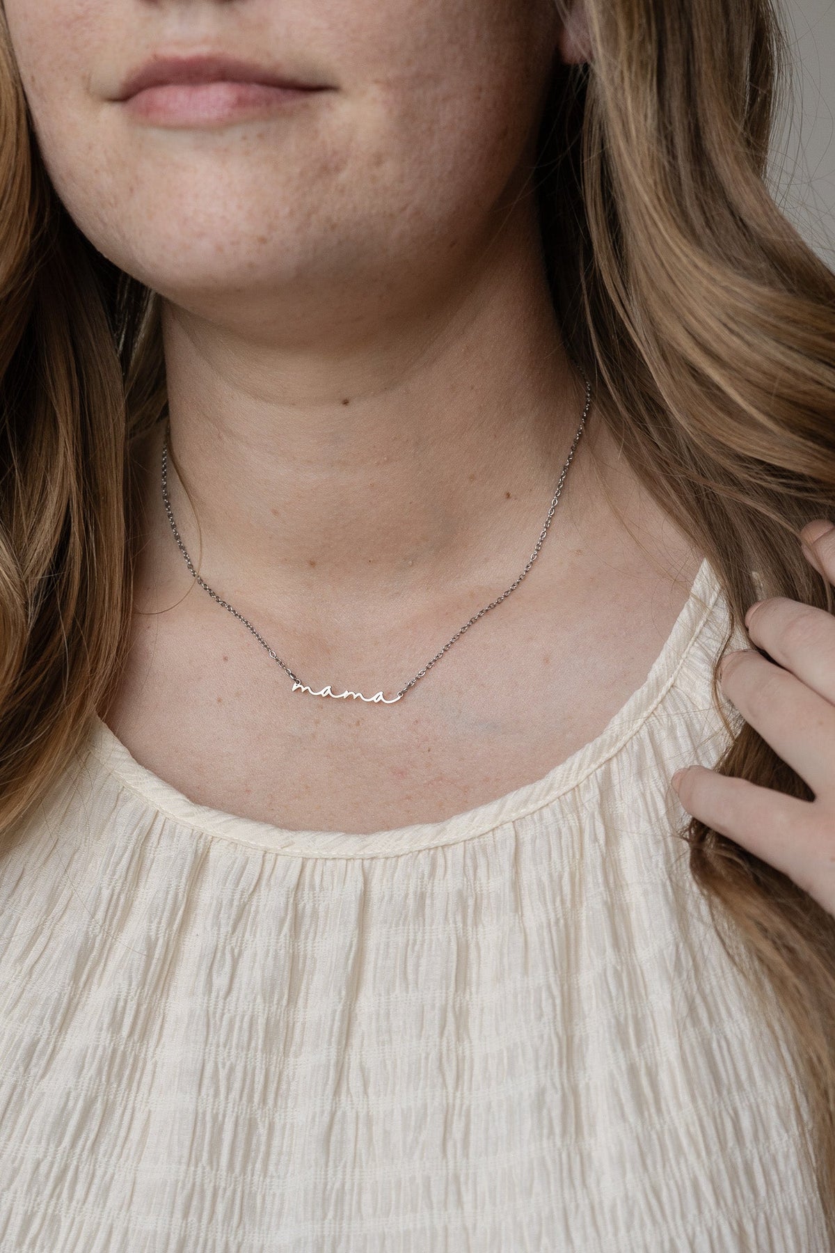 Rose & Clay "Mama" cursive script name necklace, gold or silver stainless steel