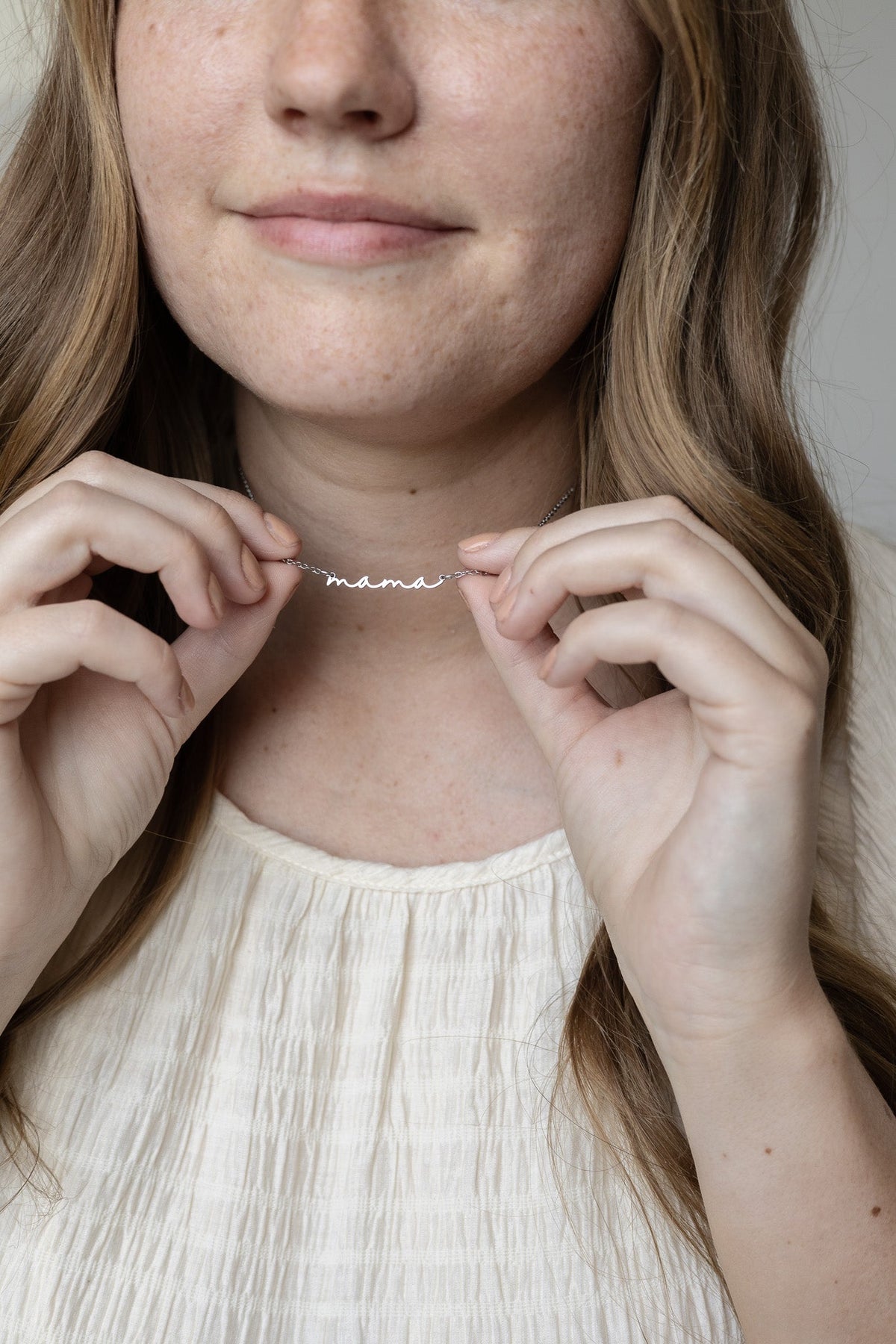 Rose & Clay "Mama" cursive script name necklace, gold or silver stainless steel