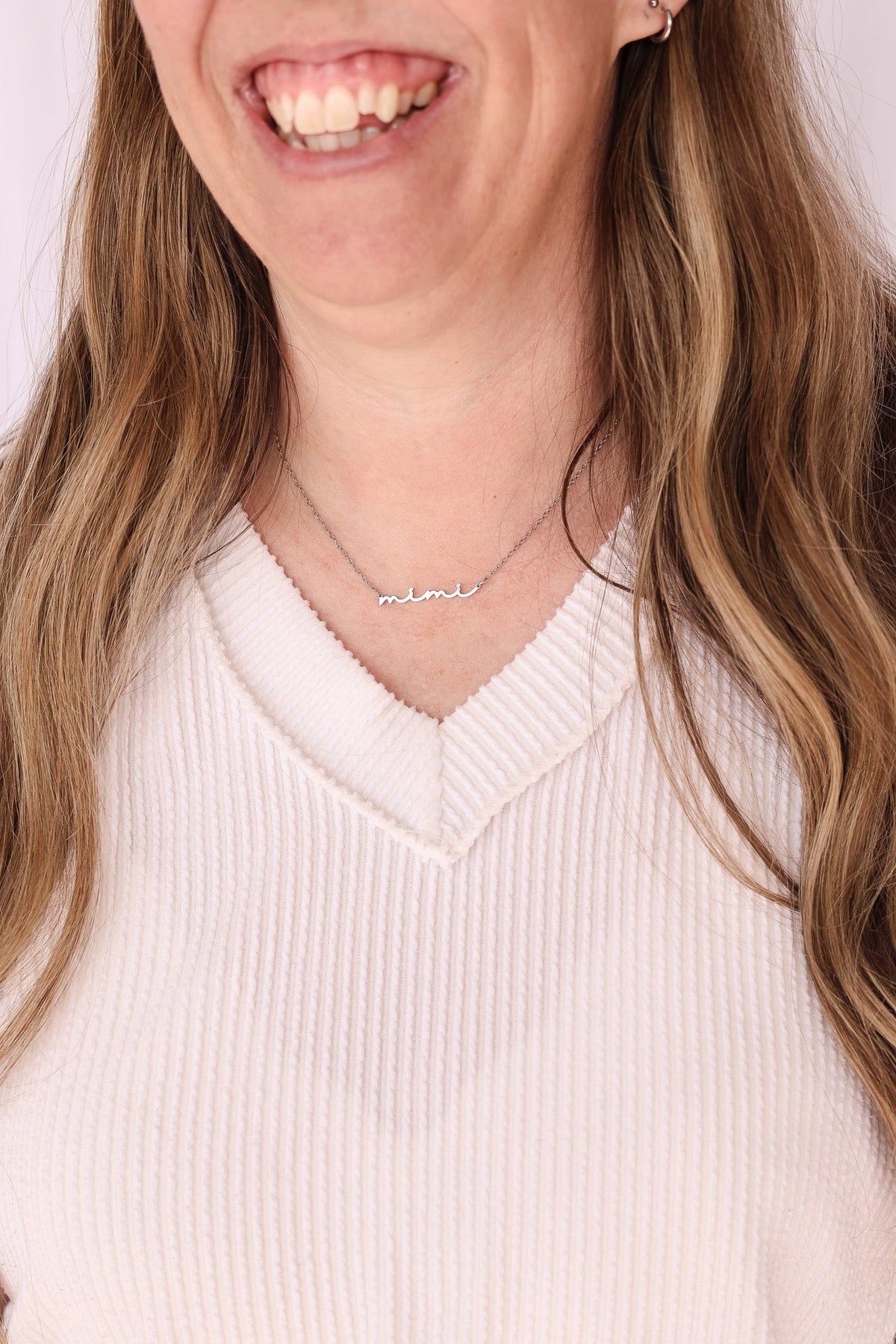 Rose & Clay "Mimi" cursive script name necklace, gold or silver stainless steel