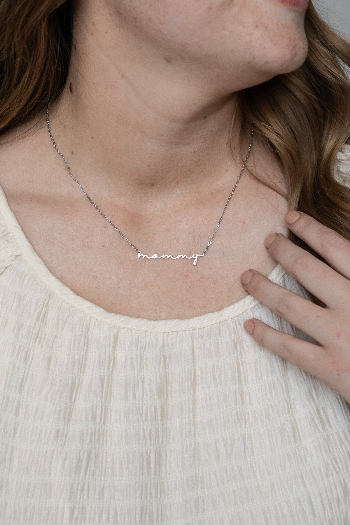 Rose & Clay "Mommy" cursive script name necklace, gold or silver stainless steel
