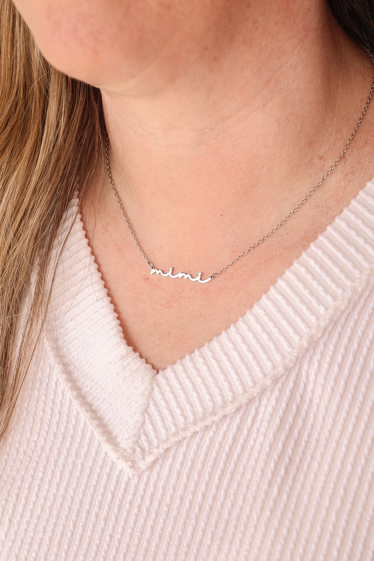 Rose & Clay "Mimi" cursive script name necklace, gold or silver stainless steel