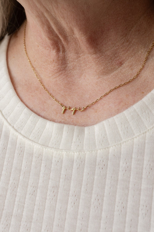 Rose & Clay "Gigi" cursive script name necklace, gold or silver stainless steel