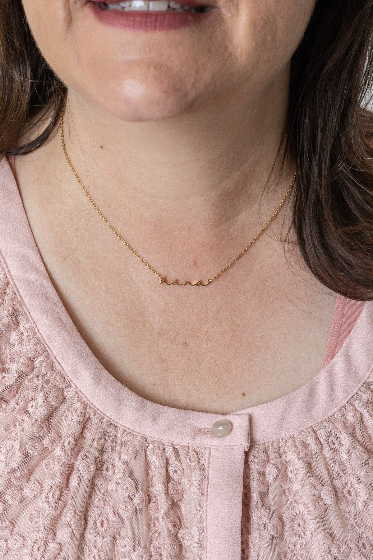 Rose & Clay "Nana" cursive script name necklace, gold or silver stainless steel
