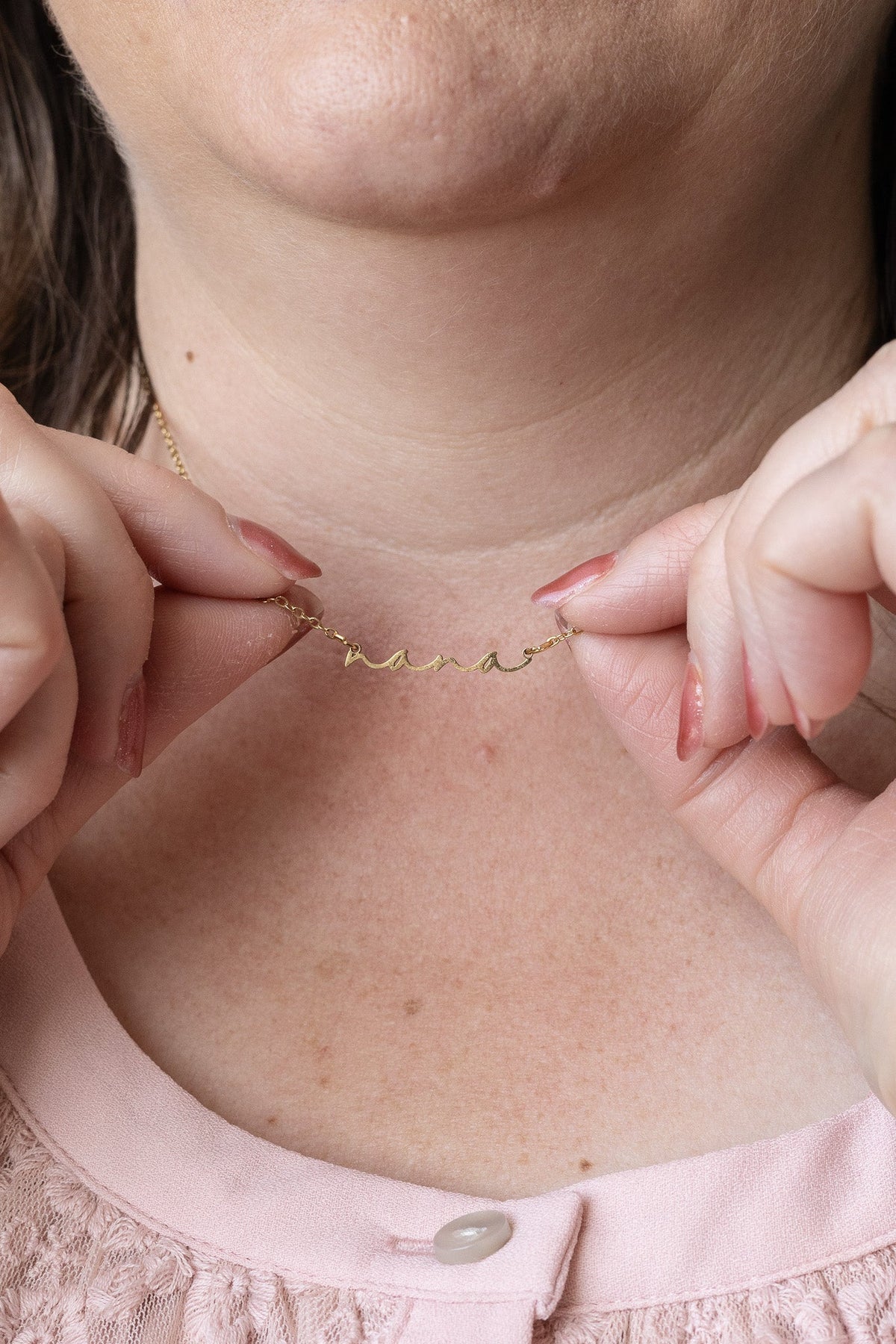 Rose & Clay "Nana" cursive script name necklace, gold or silver stainless steel