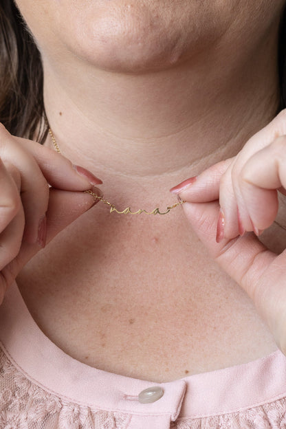Rose & Clay "Nana" cursive script name necklace, gold or silver stainless steel