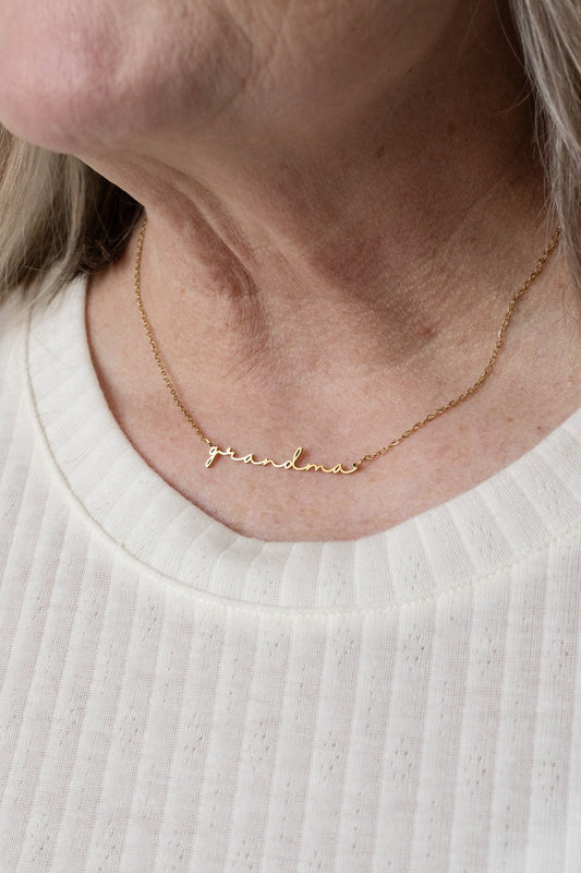 Rose & Clay "Grandma" cursive script name necklace, gold or silver stainless steel