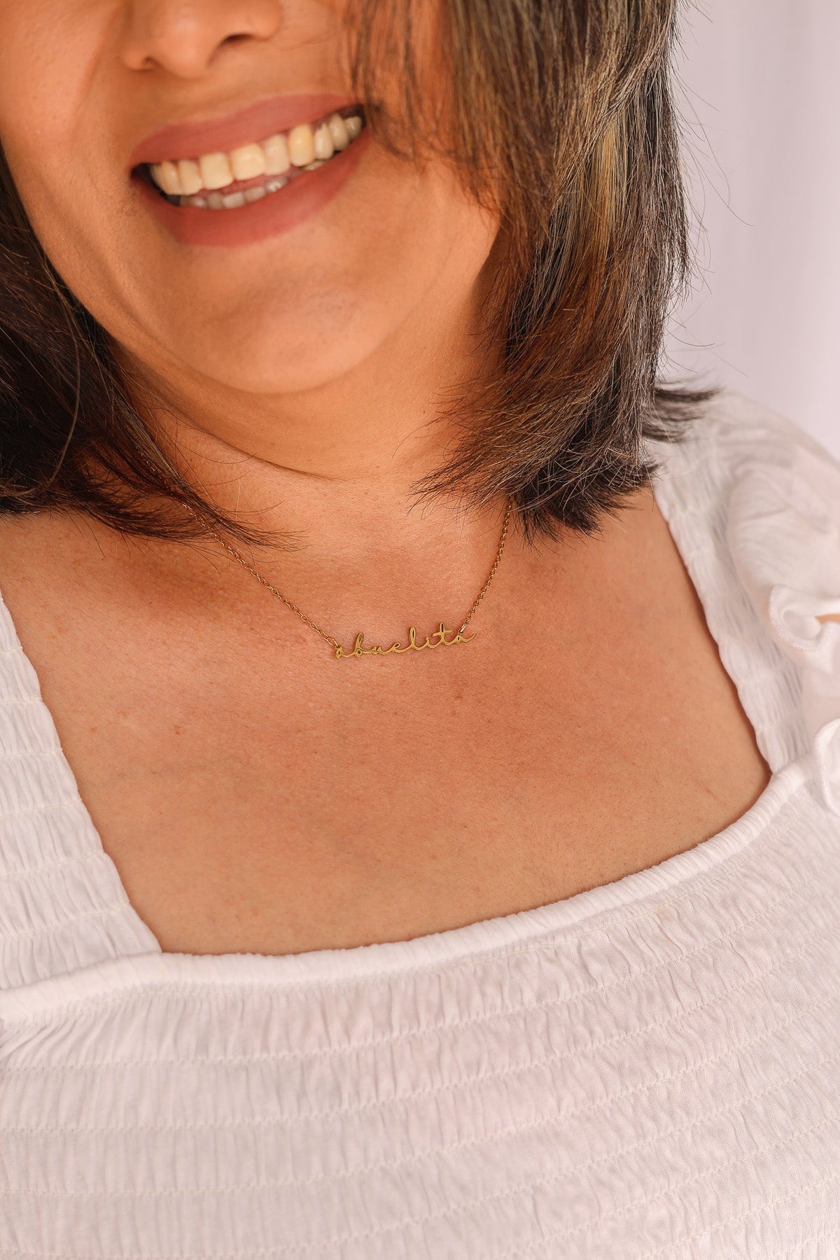 Rose & Clay "Abuelita" cursive script name necklace, gold or silver stainless steel