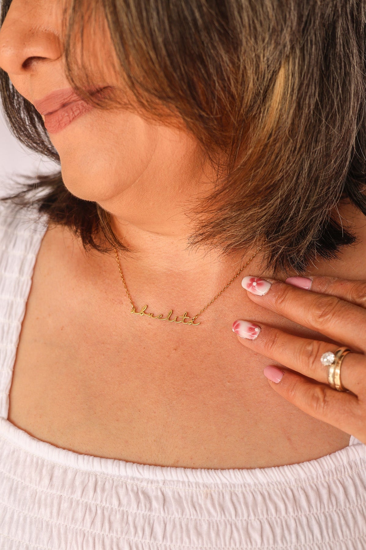 Rose & Clay "Abuelita" cursive script name necklace, gold or silver stainless steel