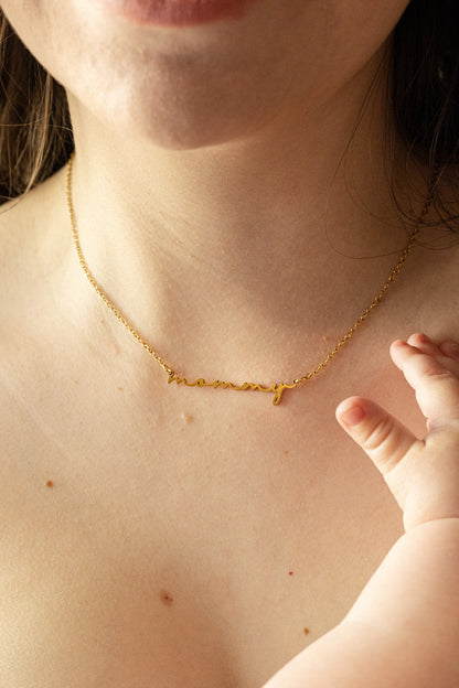 Rose & Clay "Mommy" cursive script name necklace, gold or silver stainless steel