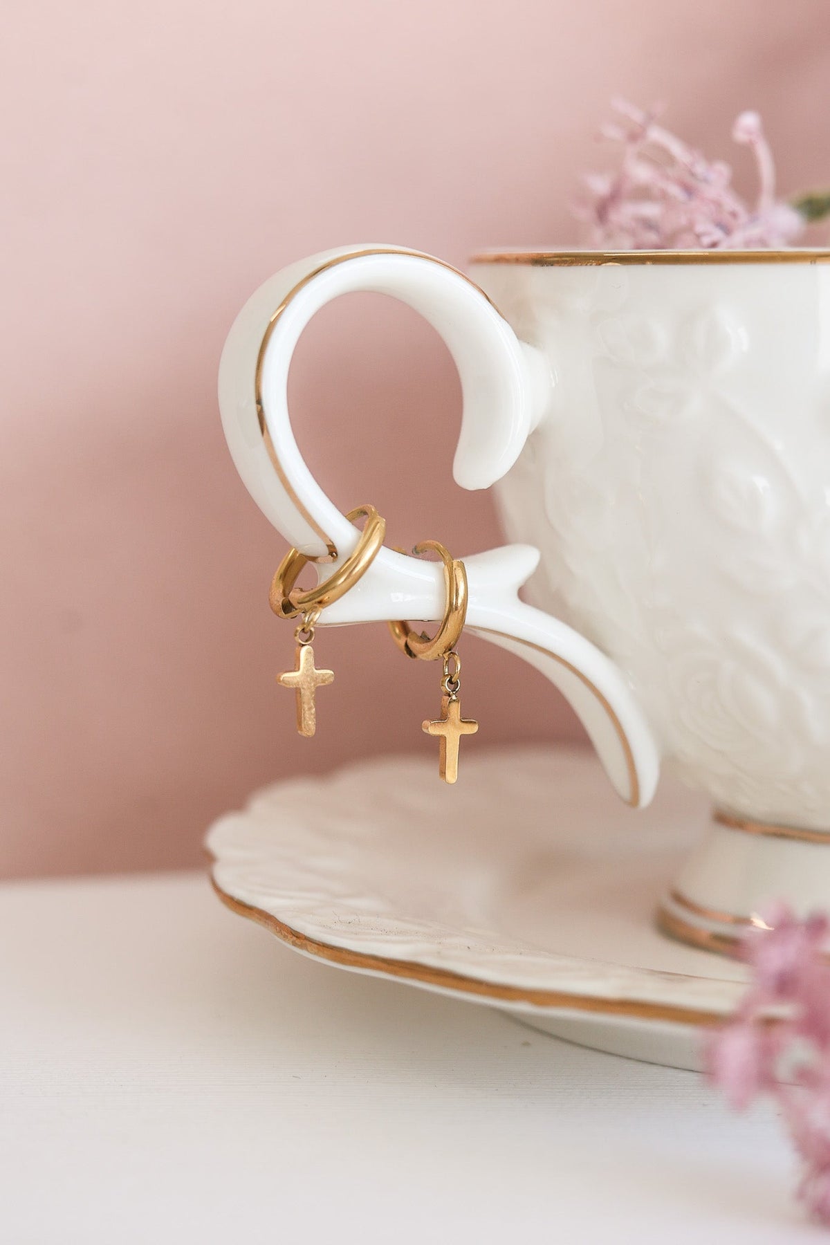 Dainty Cross Hoop by Rose & Clay