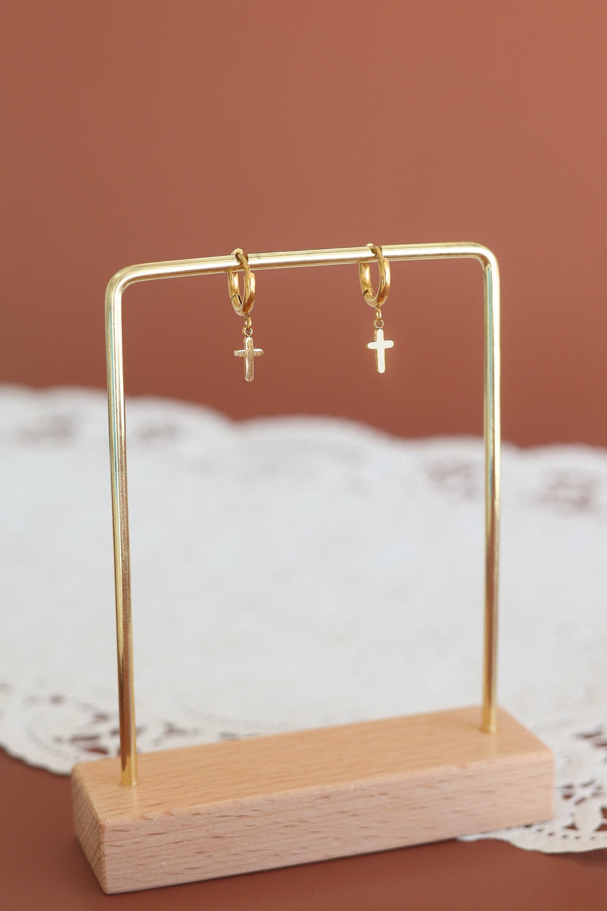 Dainty Cross Hoop by Rose & Clay