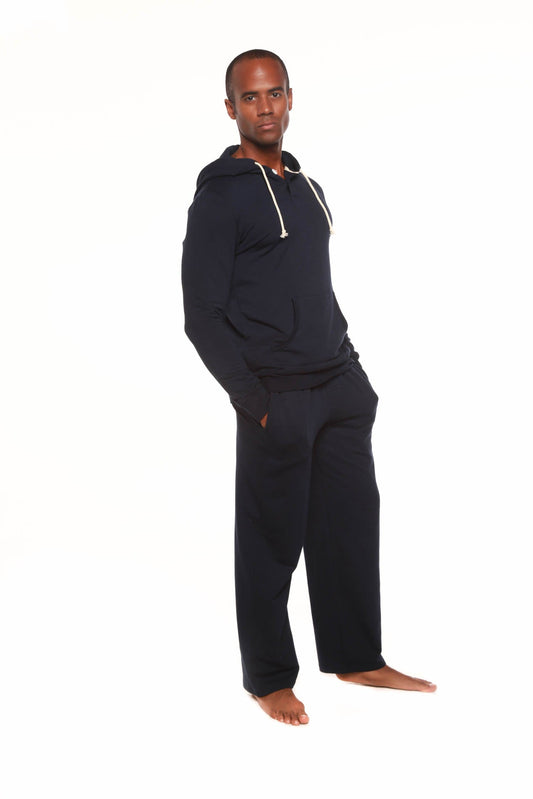 Men's Henley style bamboo fleece hoodie with matching fleece lounge pants