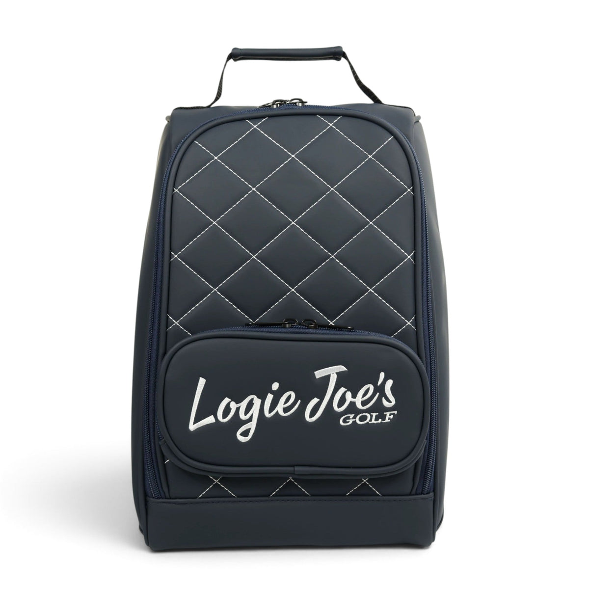 Navy/White Golf Shoe Bag | Premium PU Leather Golf Shoe Organizer | Quilted Travel Shoe Case with Accessory Pocket, Carry Handle & Ventilation by Logie Joe's Golf