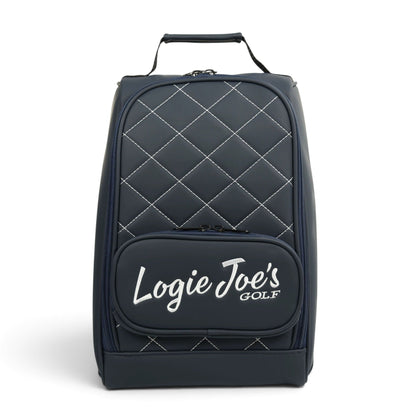 Navy/White Golf Shoe Bag | Premium PU Leather Golf Shoe Organizer | Quilted Travel Shoe Case with Accessory Pocket, Carry Handle & Ventilation by Logie Joe's Golf