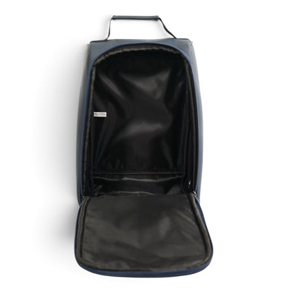 Navy/White Golf Shoe Bag | Premium PU Leather Golf Shoe Organizer | Quilted Travel Shoe Case with Accessory Pocket, Carry Handle & Ventilation by Logie Joe's Golf