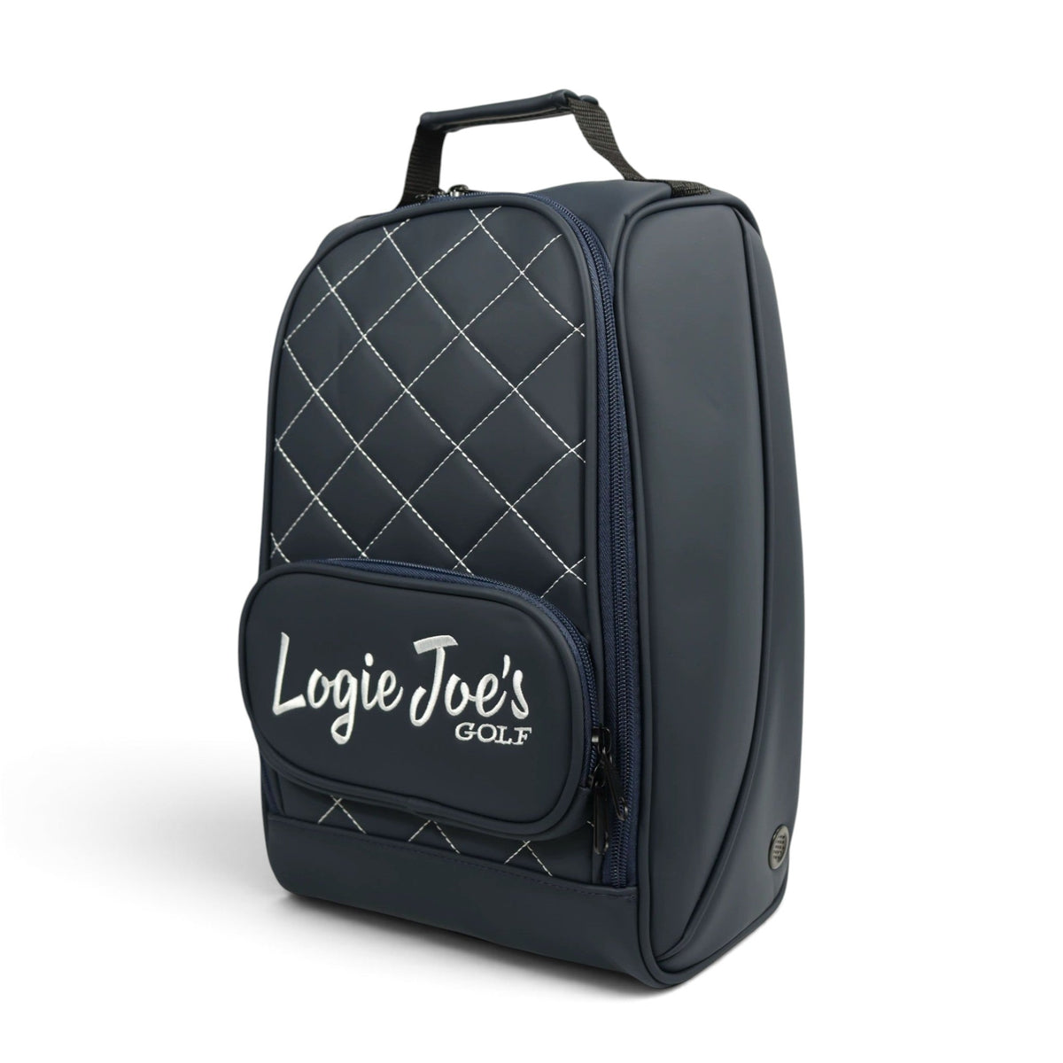 Navy/White Golf Shoe Bag | Premium PU Leather Golf Shoe Organizer | Quilted Travel Shoe Case with Accessory Pocket, Carry Handle & Ventilation by Logie Joe's Golf