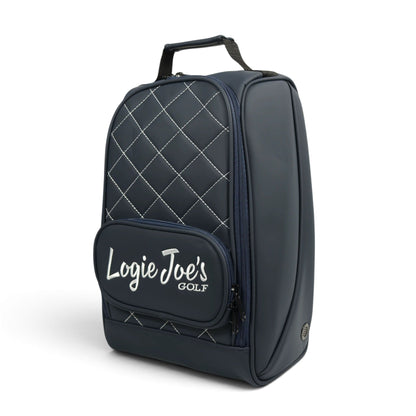Navy/White Golf Shoe Bag | Premium PU Leather Golf Shoe Organizer | Quilted Travel Shoe Case with Accessory Pocket, Carry Handle & Ventilation by Logie Joe's Golf