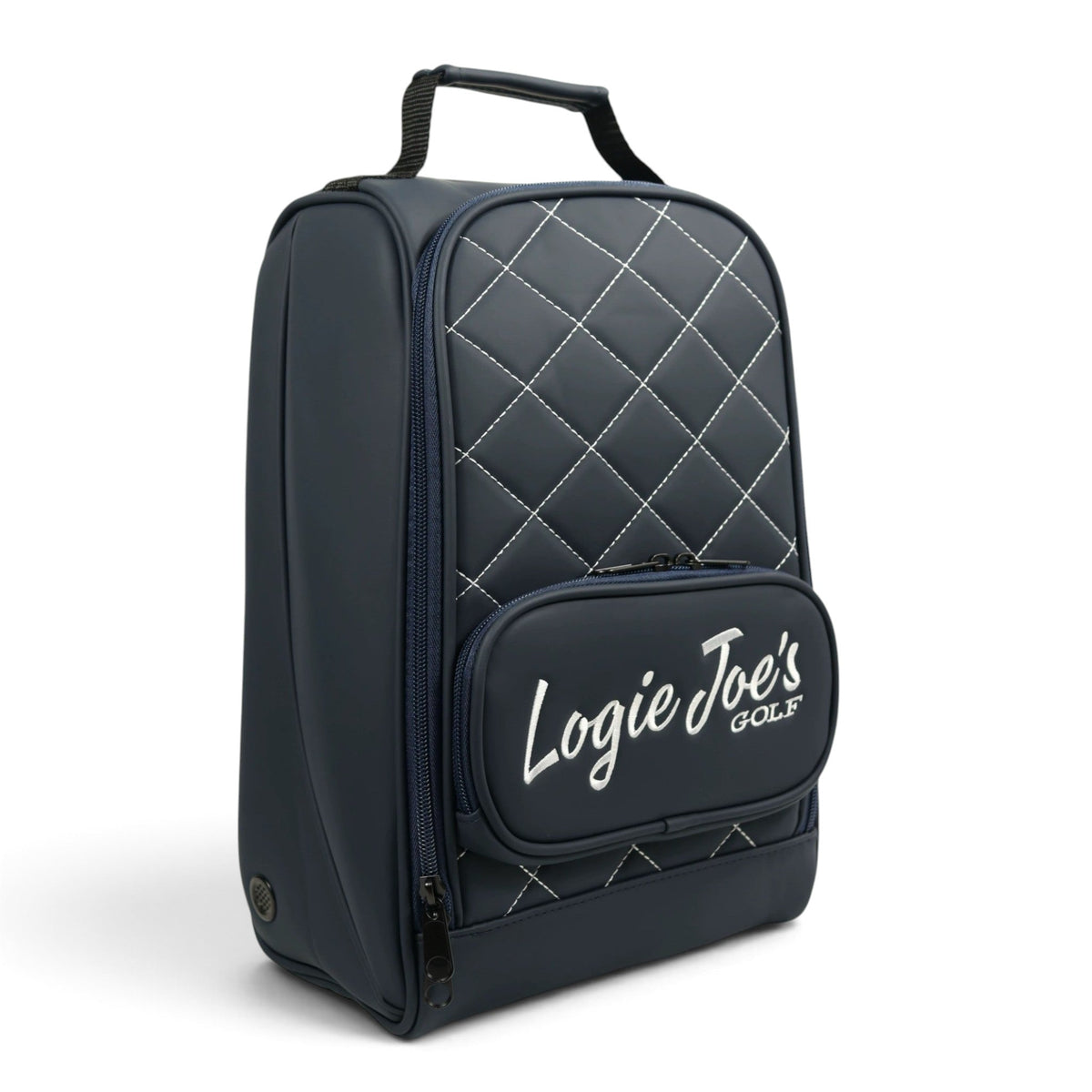 Navy/White Golf Shoe Bag | Premium PU Leather Golf Shoe Organizer | Quilted Travel Shoe Case with Accessory Pocket, Carry Handle & Ventilation by Logie Joe's Golf