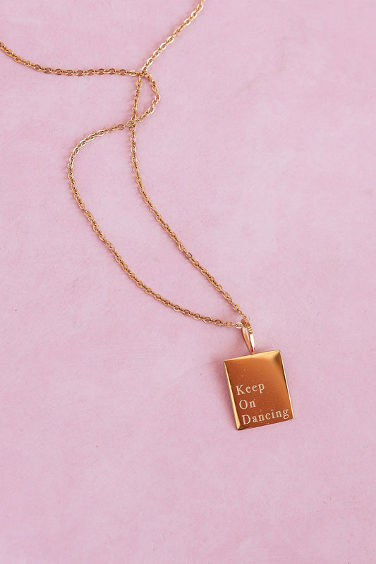 Rose & Clay "Keep On Dancing" 18mm engraved round pendant necklace, gold or silver
