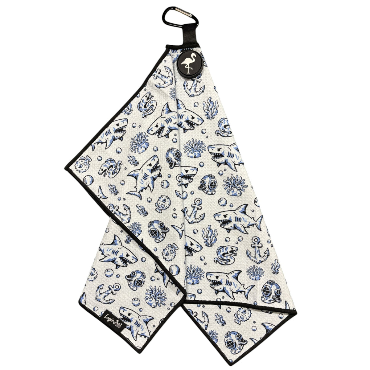 Under the Sea Golf Towel | 24” x 16” Microfiber Towel | Magnetic Clip & Carabiner | Premium Golf Accessory | Shark by Logie Joe's Golf